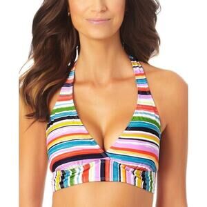 Anne Cole Painted Stripe Banded Halter Bikini Top Size D White Purple New